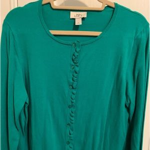 Women’s Loft, long sleeve button down ruffle front sweater